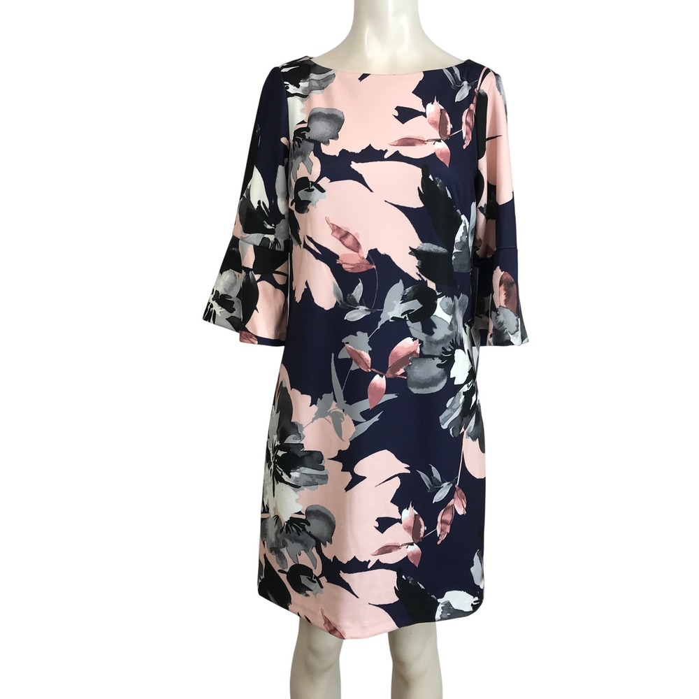 Vince Camuto Womens Navy Pink Floral Bell Sleeve Shift Dress Size 6 New